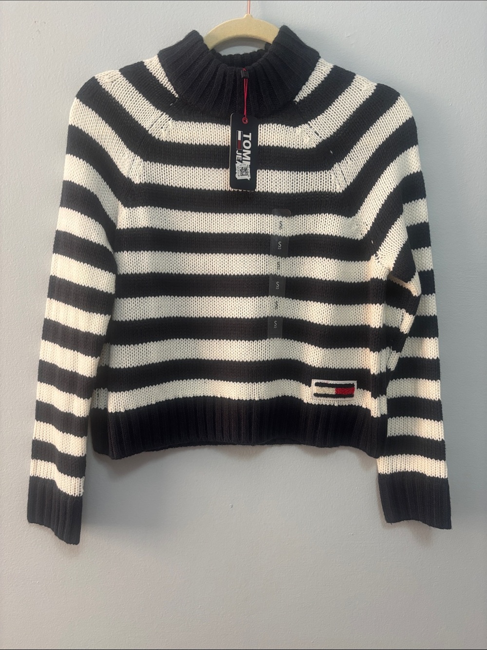 Tommy Hilfiger Black & White Striped Half-Zip Turtleneck Sweater